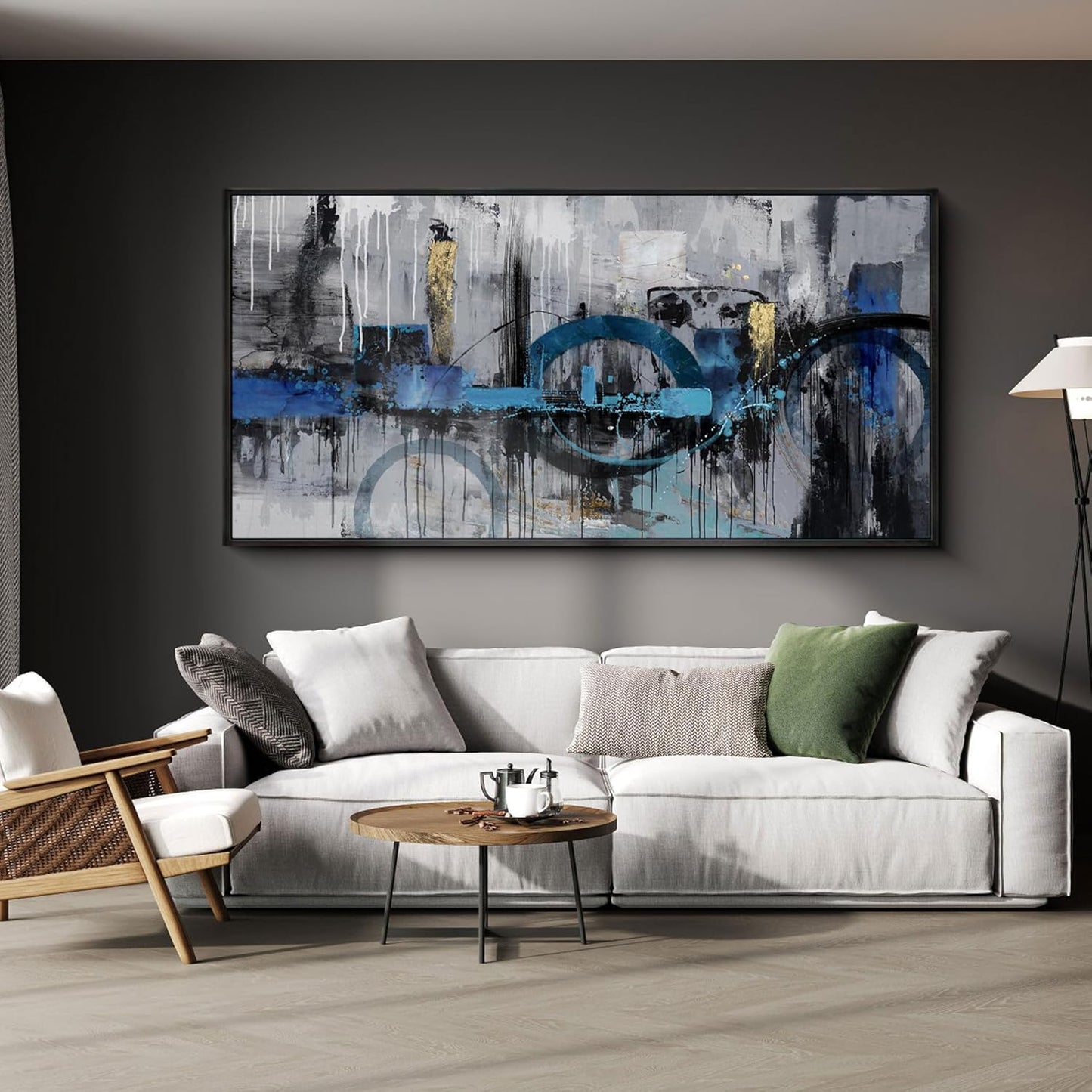 KLAKLA Blue and Gray Abstract Canvas Wall Art - Lnk Style Gold City Scenes Wall Decor Living Room Bedroom Decoration Black Frame Picture Artwork for Wall Modern Landscape Wall Decor