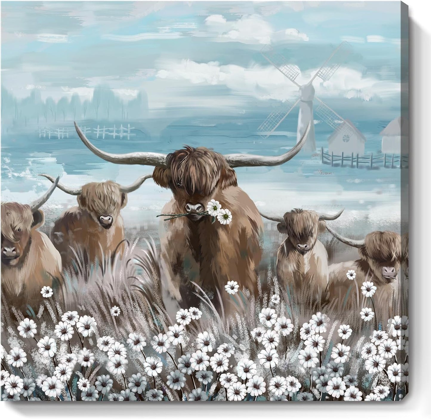 Canvas Wall Art Bathroom Coastal Boho Farmhouse Highland Cow Flower Picture Floral Artwork Rustic Country Landscape Longhorn Animal Painting for Living Room Bedroom Kitchen Décor Blue Brown Small