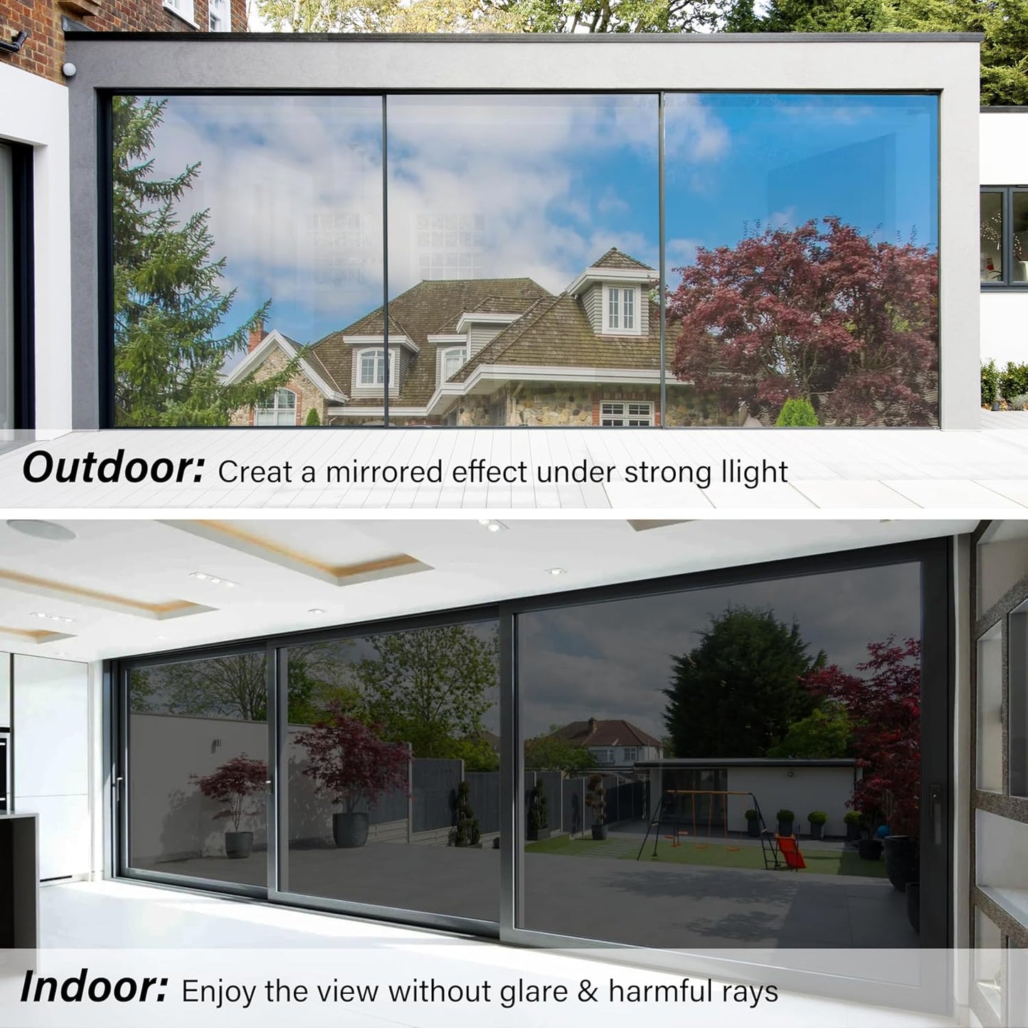 Kromapolis One Way Window Privacy Film Reflective Mirror Home Window Tint, Daytime Privacy Heat Control Anti UV Glass Tinting Static Cling (Black-Silver, 35.4 x 157.4 inch)
