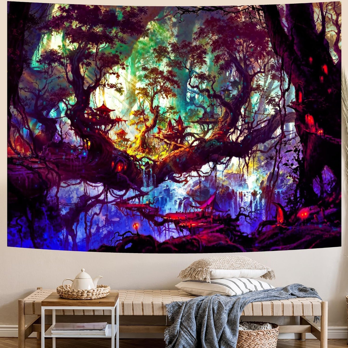 Delur Fantasy Forest Tapestry Mystical Landscape Magical Enchanted Forest Tree Nature Tapestry Psychedelic Wall Hanging Headboard for Bedroom Living Room Home Decor (59.1" x 78.7")