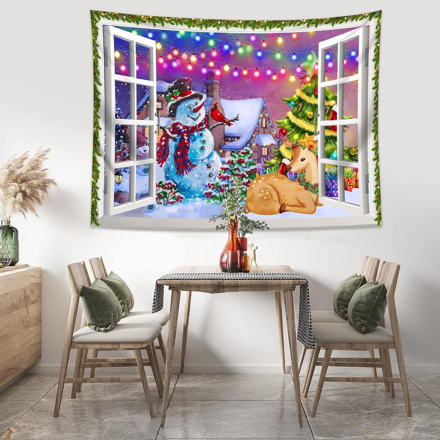 QGHOT Christmas Window Tapestry Wall Hanging, Christmas Backdrop Winter Window Wall Decor Xmas Snowman Deer Tapestries for Bedroom Living Room Dorm Holiday Party Decoration, Extra Large