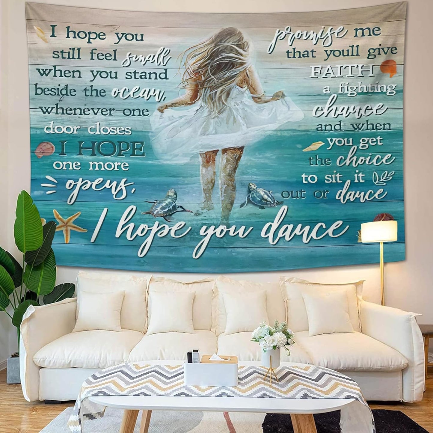 Coastal Beach Tapestry I Hope You Dance Tapestry Wall Hanging for Bedroom Sea Turtle Tapestries Aesthetic Wall Decor for Home Dorm Living Room 60"x90"