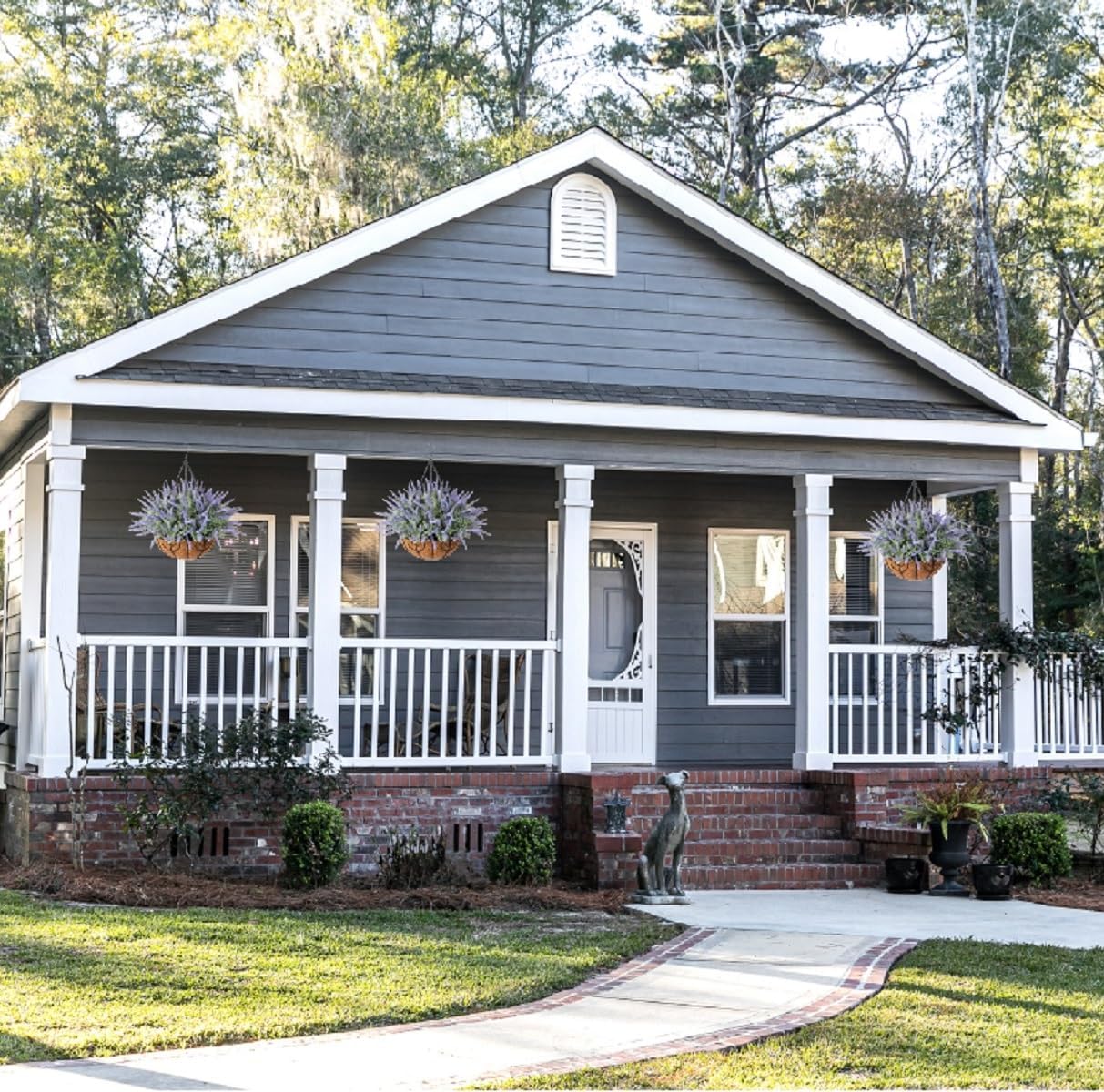 Artificial Hanging Flowers with Basket Fake Summer Lavender for Outdoor Decor, 12 Bundles Faux Purple Outside Decoration Realistic UV Resistant Plants for Porch Balcony Patio Garden Yard