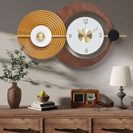 Wall Clock Modern Battery Operated Big Clocks Metal and Wooden Nordic Style Large Wall Watch Decorative Timepiece Perfect for Home,Living,Bedroom 23X15inch