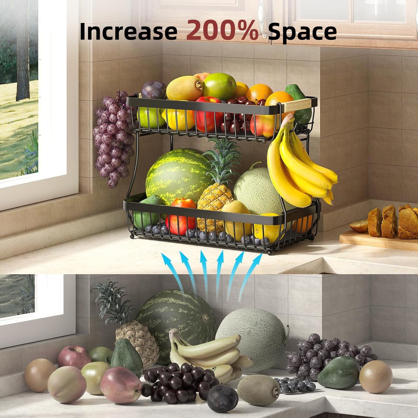 2 Tier Fruit Basket for Kitchen Counter with 2 Mobile Banana Hangers, 2025 Pro Detachable Metal Fruit Bowl with Wooden Handle, Fruit Holder for Bread Snack Veggies with Protective Mats