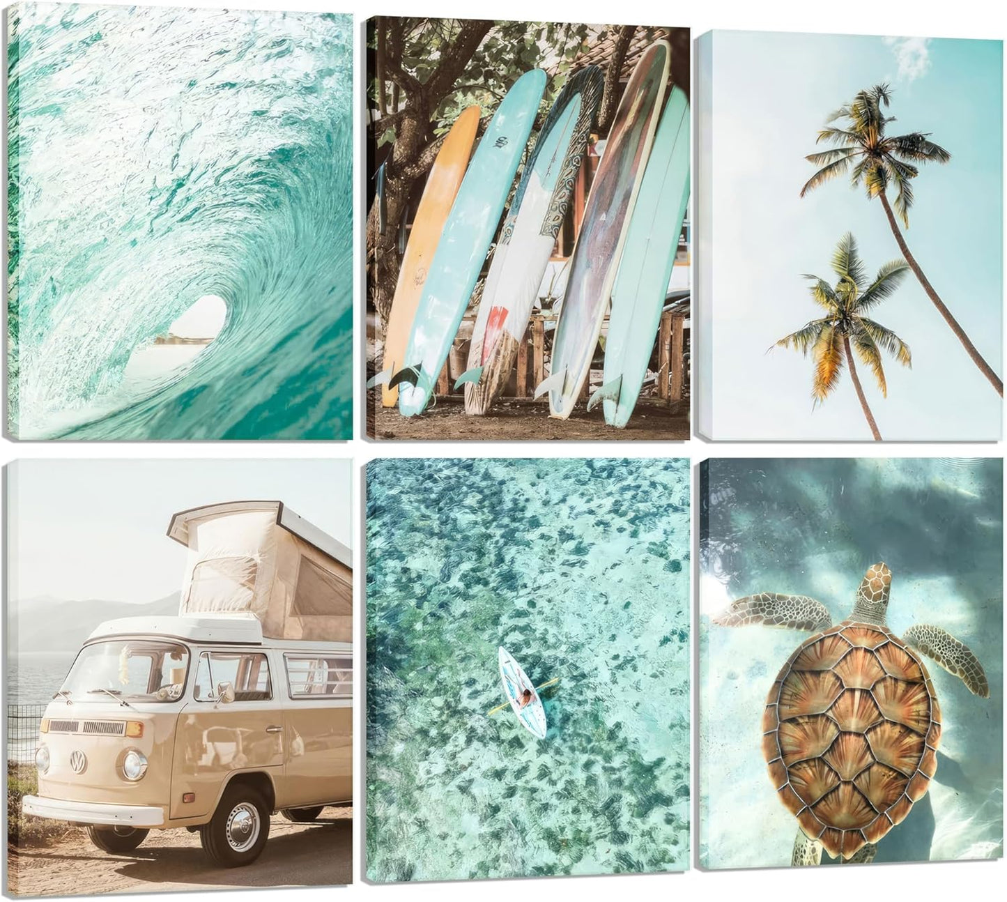 Set of 6 Tropical Beach Canvas Wall Art Surf Poster Summer Ocean Coastal Pictures Turtle Print Palm Tree Surfboard Gallery Paintings Nautical Bus Wall Decor for Bedroom Bathroom Framed