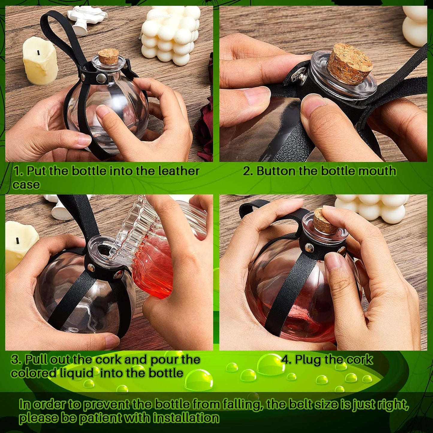 Patelai 2 Pcs Halloween Glass Potion Bottles with Belt Cork Renaissance Witch Costume Accessories Witch Props Potion Bottle for Halloween Party Decor Cosplay DIY Crafts Gift (Black)