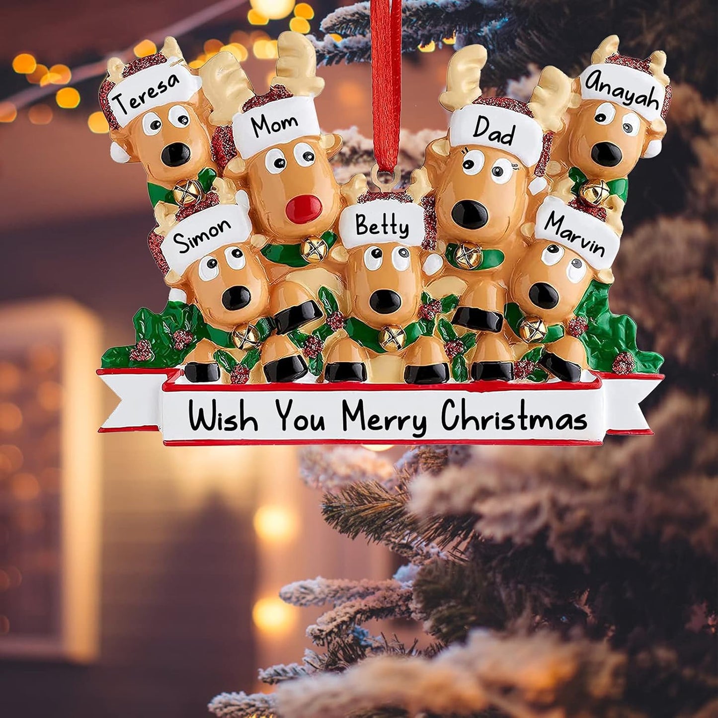 Personalized Deer Christmas Ornaments 2025 Family of 2,3,4,5,6,7,8 Custom Name Reindeer Xmas Ornament with Text,Customized Christmas Decoration Gifts - Family of 8