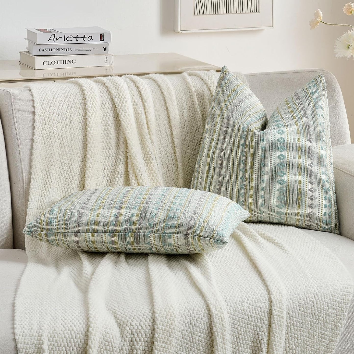 FUTEI Green Blue Decorative Throw Pillow Covers 20x20 Inch Set of 2,Soft Cozy Chenille Jacquard Textured Cushion Case,Boho Home Decor for Couch Bed Living Room