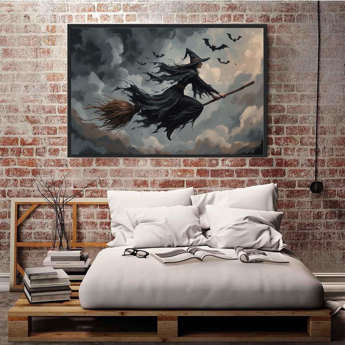 JFHCQJPK Witch and bat flying Halloween poster suitable for home party wall decoration retro Halloween preppy style wall art canvas print suitable for room decoration20x30in Metal blackFramed