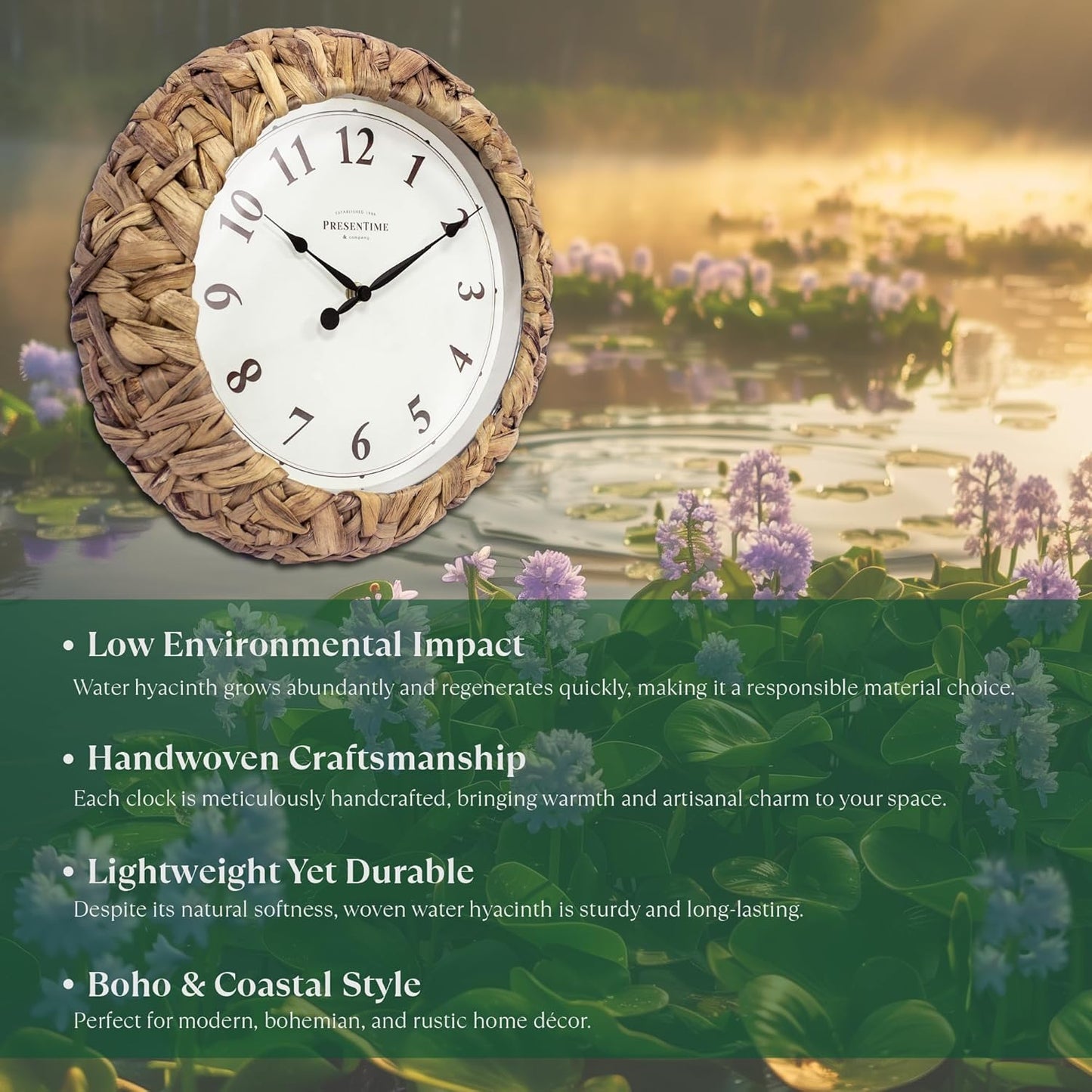 Presentime & Co. Farmhouse Series, Rustic Woven Clock, 12.6 inch, Natural Woven Water Hyacinth/Sea Grass. Wall Sculpture, Wall Art and Timepiece for Home Decoration/Decoration/Farmhouse Décor