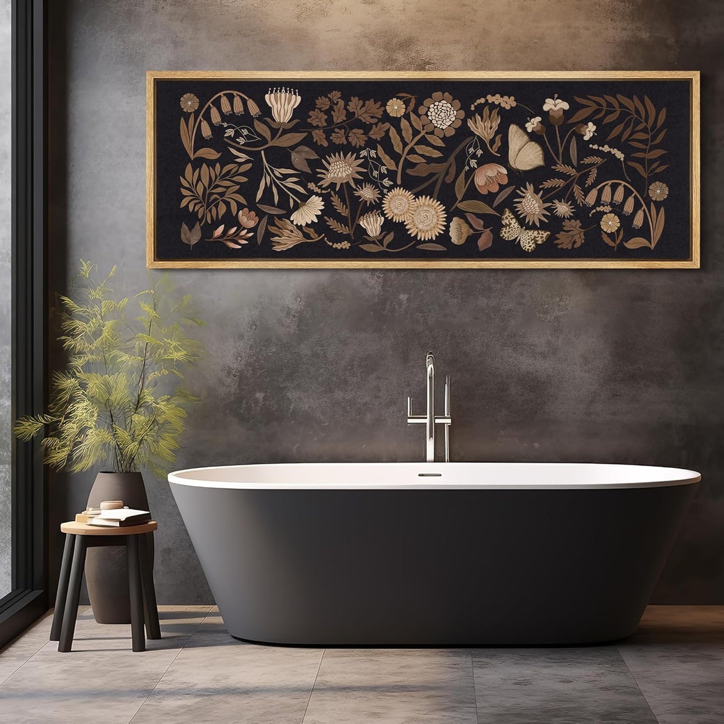 MUDECOR Large Framed Canvas Print Wall Art Botanical Elegance Dark Floral Illustrations Antique Retro Fine Art Illustrations Decorative Colorful for Bedroom - 60"x20"