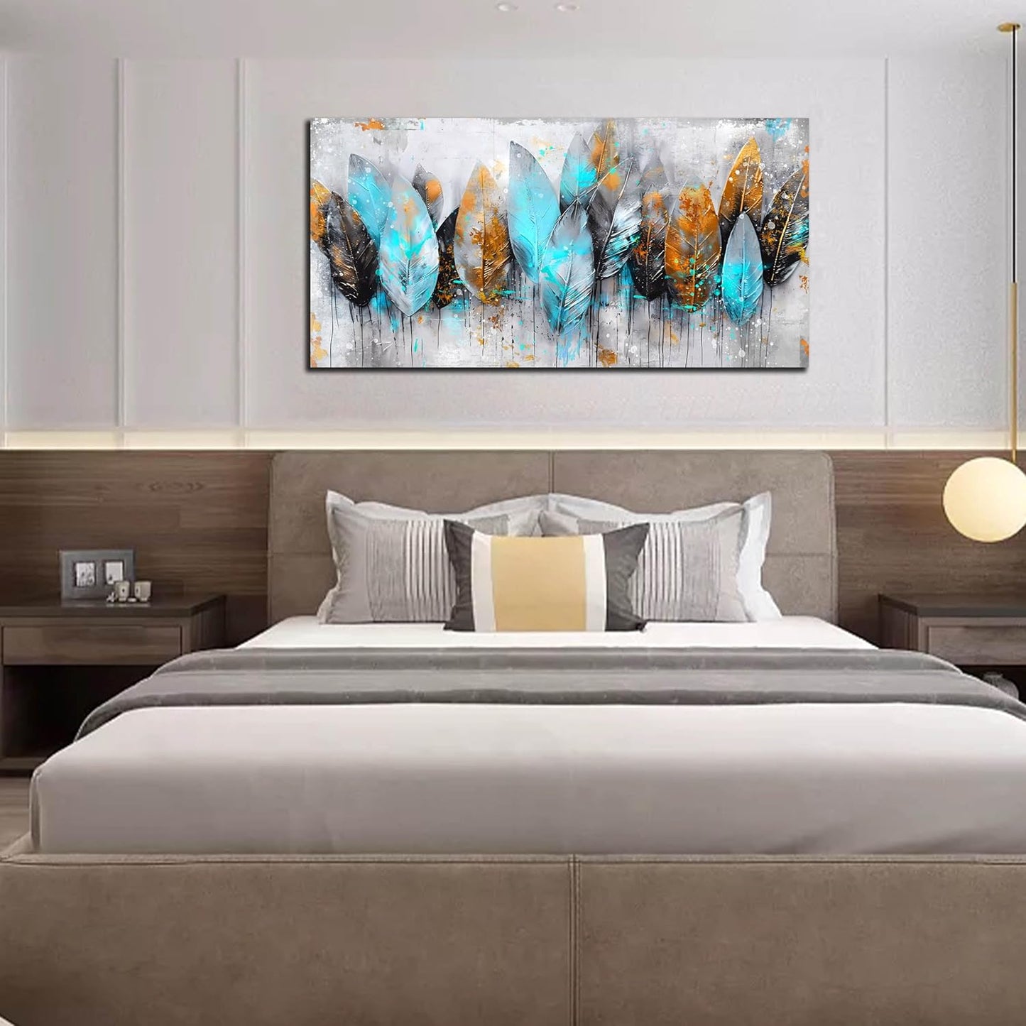 LAOTOART Leaf Canvas Wall Art - Modern Blue and Gray Living Room Wall Art - Abstract Artwork for Walls Ready to Hang Size 24" x 48"