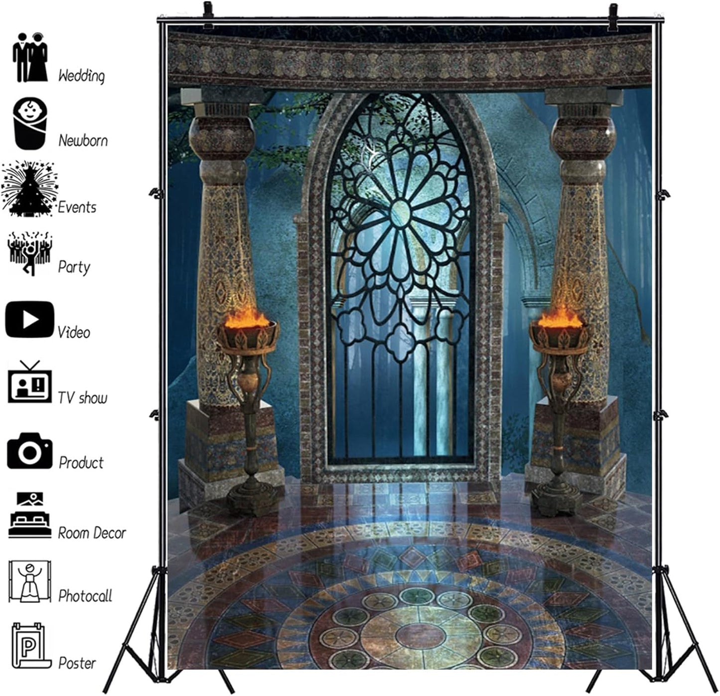 Renaiss 10x15ft Medieval Castle Backdrop for Photoshoot Portrait Pillar Torch Gothic Stone Tower Ancient Old Fortress Interior Photography Background Halloween Party Decor Wallpaper Photo Studio Props