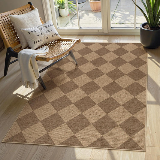 Lahome Checkered Easy Jute Indoor Outdoor Rug, 3x5 Washable Nature Rug for Entryway Living Room Indoor, Farmhouse Non Slip Checkerboard Carpet for Entry Guestroom Deck