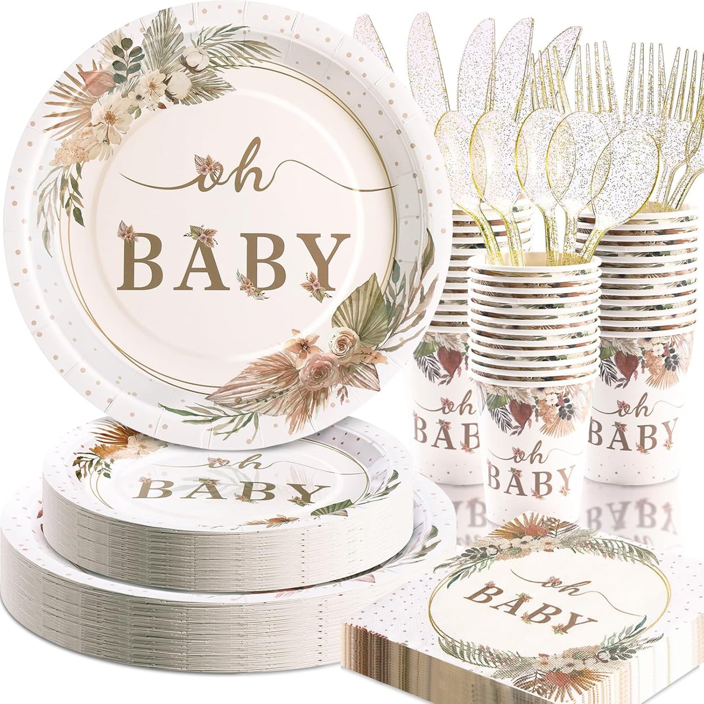 168 Pcs Boho Its A Girl Baby Shower Decorations, Boho Baby Shower Plates and Cups and Napkins Sets, for Baby In Bloom Oh Baby Western Girl, Summer Fall Woodsy Rustic Neutral, Serves 24