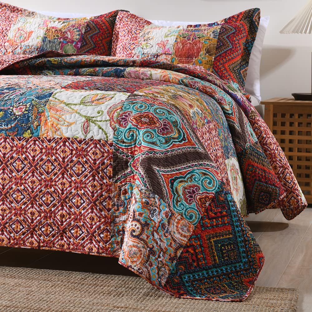 Autumn Dream Cotton Patchwork Bedspread Quilt Sets, Reversible Bedding Coverlet Sets, Red Gorgeous Vintage Pattern, QueenSize