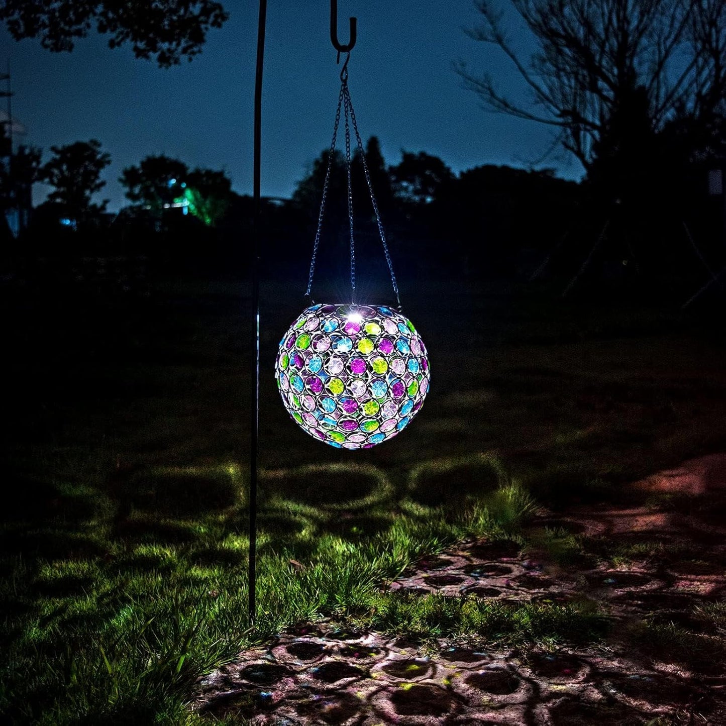 Solar Lantern Hanging Outdoor Christmas Decorative, Dual LEDs Color Changing and Cool White Crystal Globe Lamp Hanging Light Waterproof with S Hook Decor in Garden, Pathway, Front Door- Multi Color