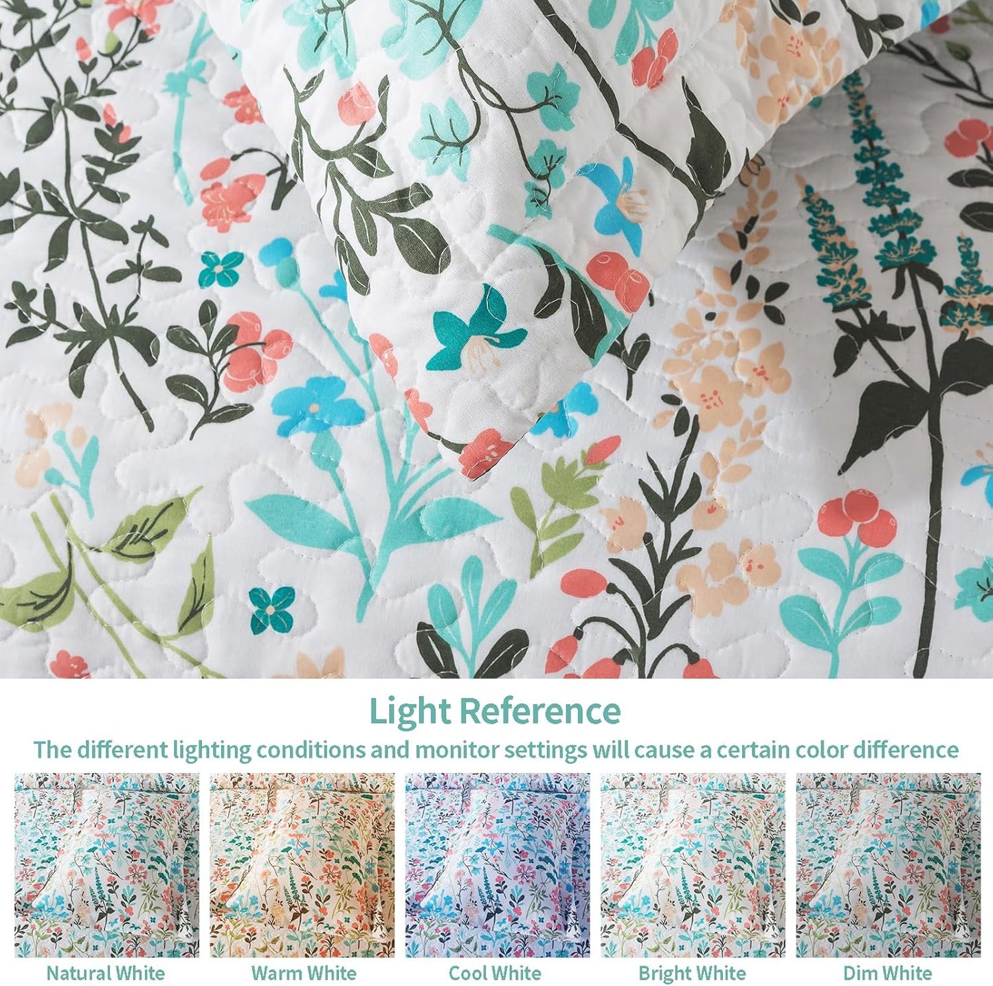 VAPUTAR Queen Quilt Bedding Set-3 Pieces Botanical Quilt Queen Size (90 x 98 inch), Reversible Queen Coverlet with Garden Style Floral Pattern, Bedspread Queen Size Suitalble for All Season.