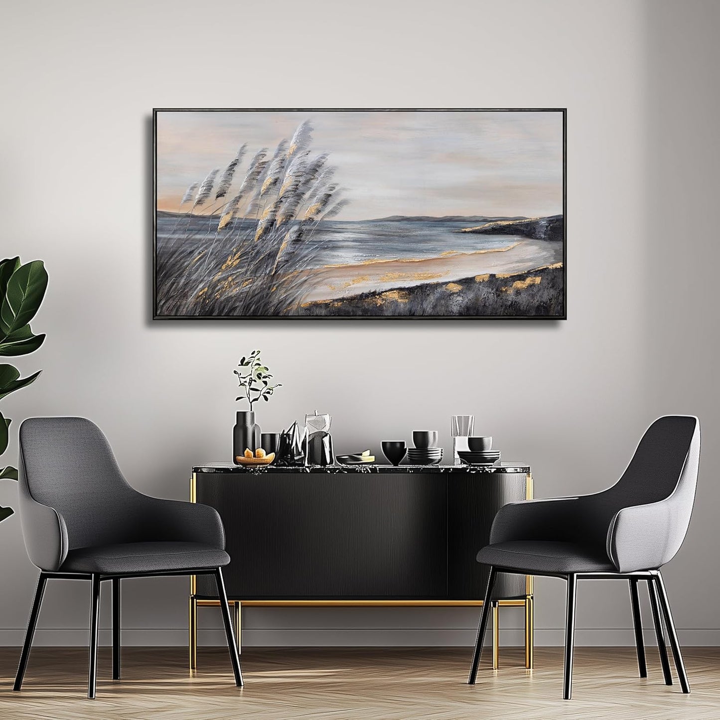 Yuaxker Coastal Wall Art Grey and Gold Wall Decor Trendy Artwork Framed Beach Canvas Painting for Living Room Bedroom Dining Room Office Home Decor 20x40 Inch