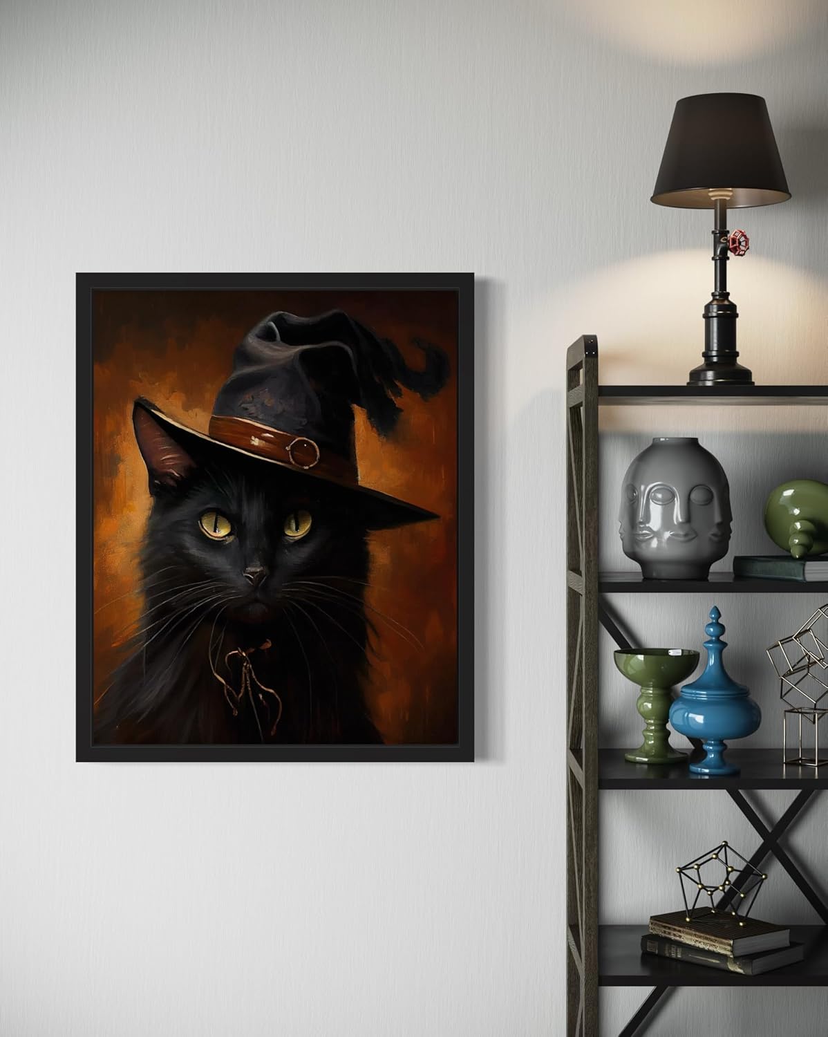 Witch Cat Poster Art Print, Halloween Scary Vintage Wall Art Academia Spooky Painting Decoration for Horror Prints, Gothic Posters Bedroom Decor 89 (Witch Cat, 16 x 20 inches, Black Frame)