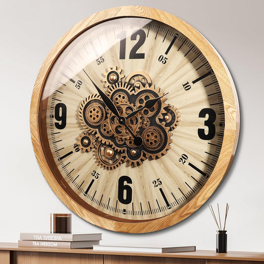 Wall Clocks for Living Room Decor, Large Real Moving Gears Clock, Vintage Industrial Oversized Rustic Farmhouse Kitchen Office Fireplace Wall Decor (Wood Tone, 27 inch)