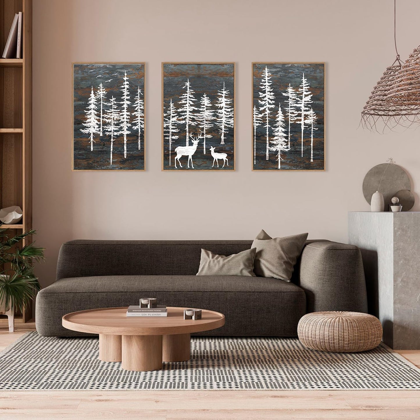 Modern White Forest Framed Canvas Wall Art Set, Minimalist Woodland Art Painting, Retro Tree Landscape Wall Decor, Wildland Deer Artwork for Living Room, Dining Room, Office - 16"x24"x3