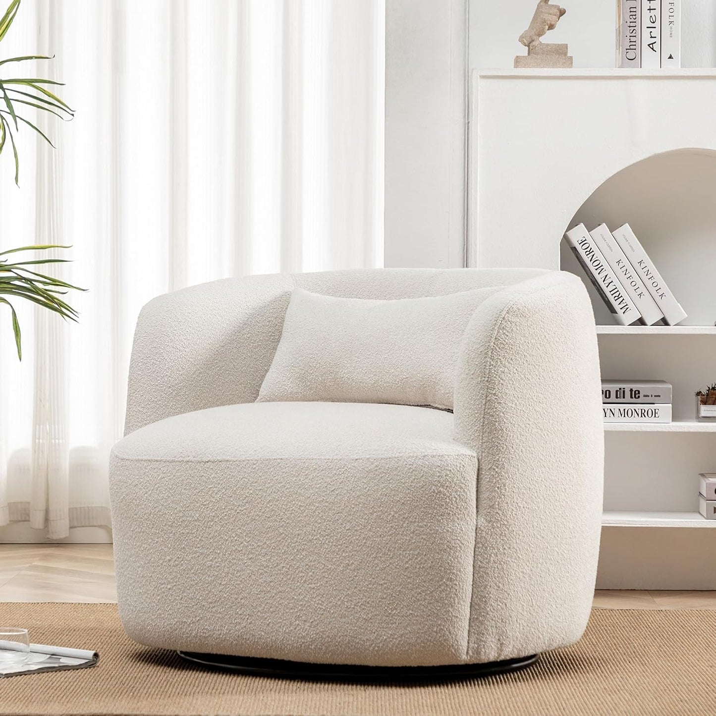 KINWELL 34" Wide Boucle Swivel Barrel Chair, No Assembly Round Upholstered Armchair Accent Chair Single Sofa Chair with Toss Pillow for Living Room and Bedroom, Beige