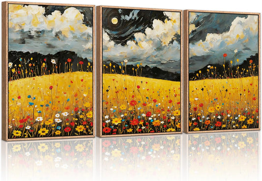 HLNIUC Mystical Moonlight Framed Wall Art Set,Night Moon Wildflower Canvas Wall Decor,Full Moon Mountain Flower Art Print,Large Golden Floral Landscape Wall Painting for Living Room,Office - 16”x24”x3