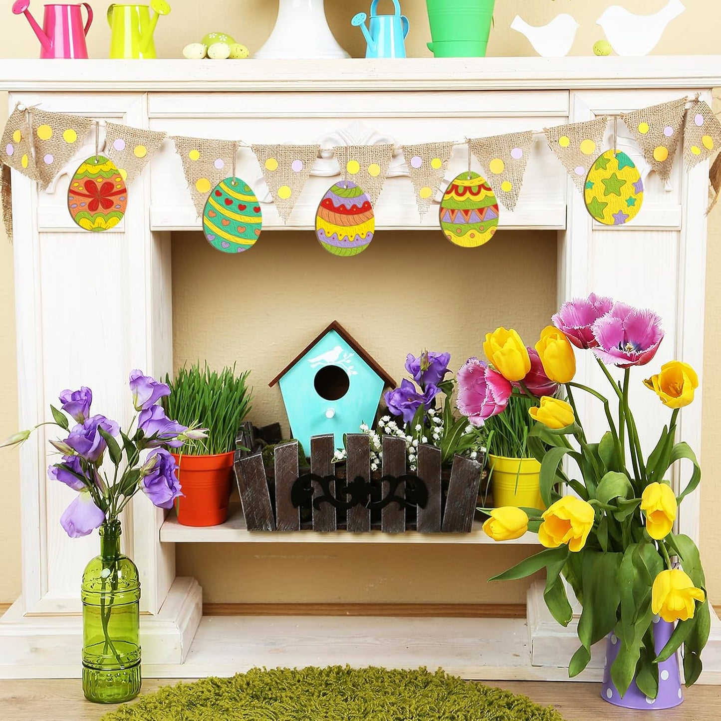 80PCS Wooden Easter Ornaments to Paint, 10 Styles DIY Blank Unfinished Wood Cutouts Ornament for Crafts Hanging Decorations, Egg Rabbit Bunny Butterfly Flower Happy Easter