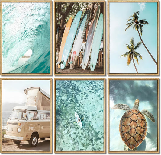 Laywhq Coastal Beach Wall Art Summer Ocean Surf Tropical Canvas Wall Decor Summer Nautical Palm Tree Turtle Surfboard Bus Room Paintings Prints Posters for Bedroom Living Room Set of 6 8x10in Unframed