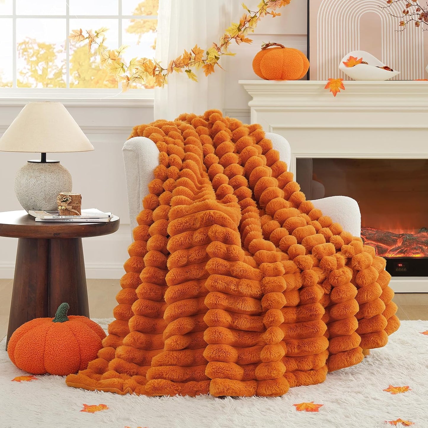 Cozy Bliss Fall Harvest Faux Fur Throw Blanket for Couch, Cozy Warm Plush Striped Blanket for for Decorating Couch Sofa Bedroom Living Room,50 * 60 Inches Burnt Orange