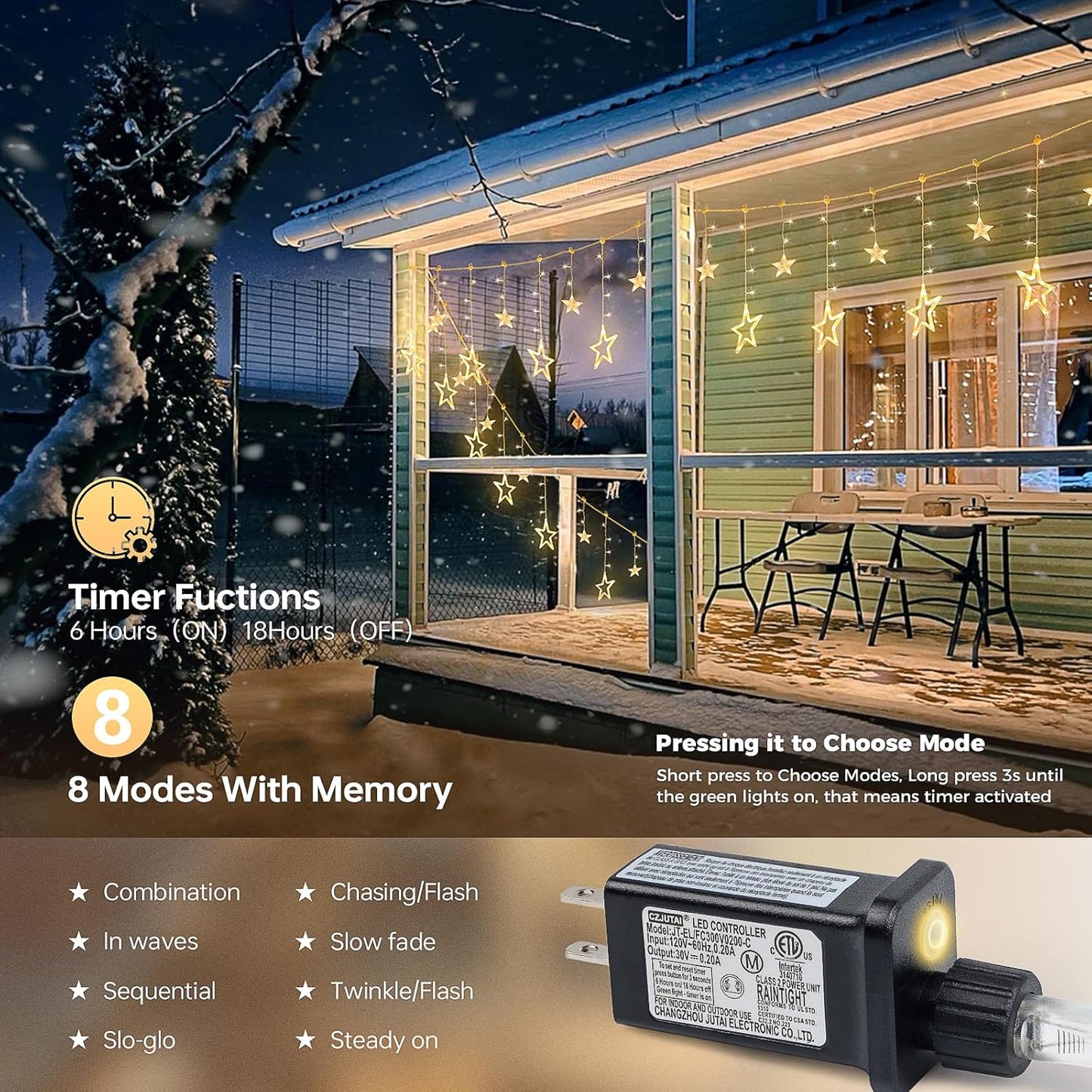 126L Warm White Star Icicle Lights, 8.2FT Clear Curtain Fairy String with Connectable, Timer 8 Modes Memory, Waterproof Hanging for Christmas,Ramadan,Party,Wedding Indoor Outdoor Decorations