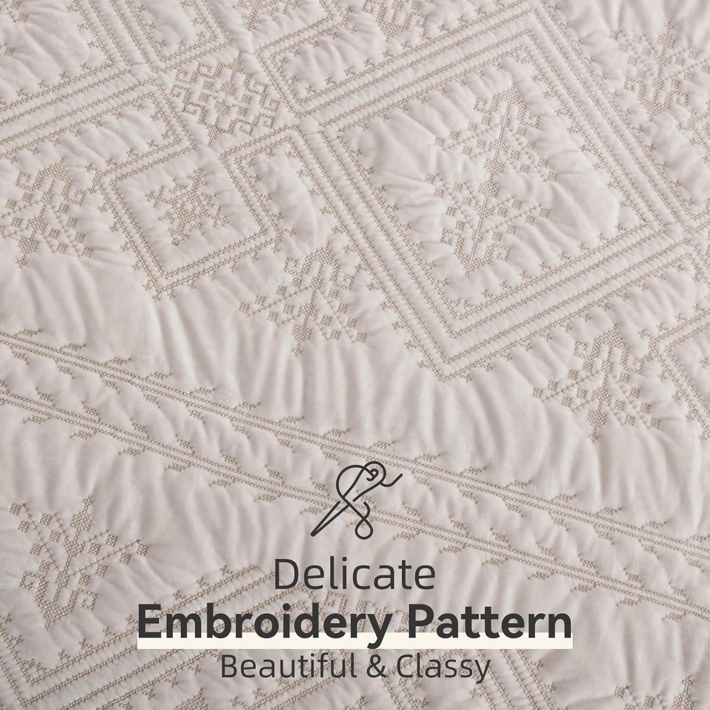 Yvooxny 3-Piece Quilt Set King Size Velvet Embroidery Quilted Bedspread Coverlet Set Bedding Set with Pillowcases for All Seasons, White, 108 * 96 Inches