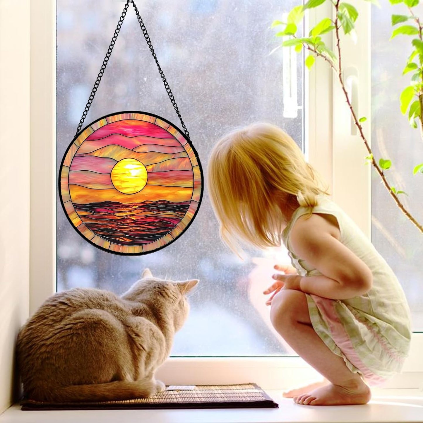 Stained Glass Window Hanging, Sunrise Sea Surface Sun Catchers Diamond Glass Panel Hangings Abstract Suncatcher Decor for Birthday for Women, Men, Wife, Aunt, and Mom 11.8 in
