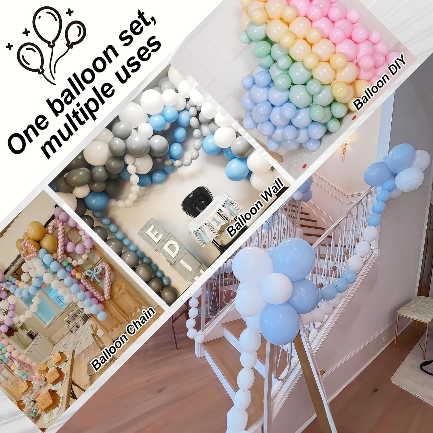 100PCS Blue and White Link Balloons, Baby Light Blue White Linking Balloons with Tail for Making Balloon Wall Arch and Chains, Quick Balloon for Wedding Birthday Baby Shower Party Decorations (6inch)