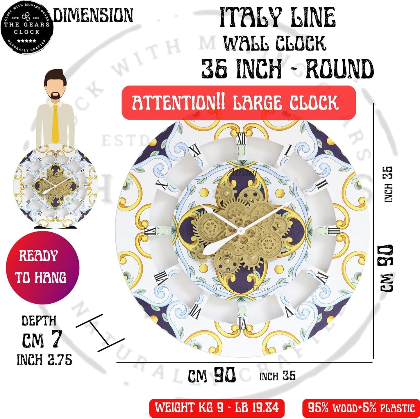 The Gears Clock Wall Clock Italy Collection with Moving Gears (Positano, 36 inch Round)