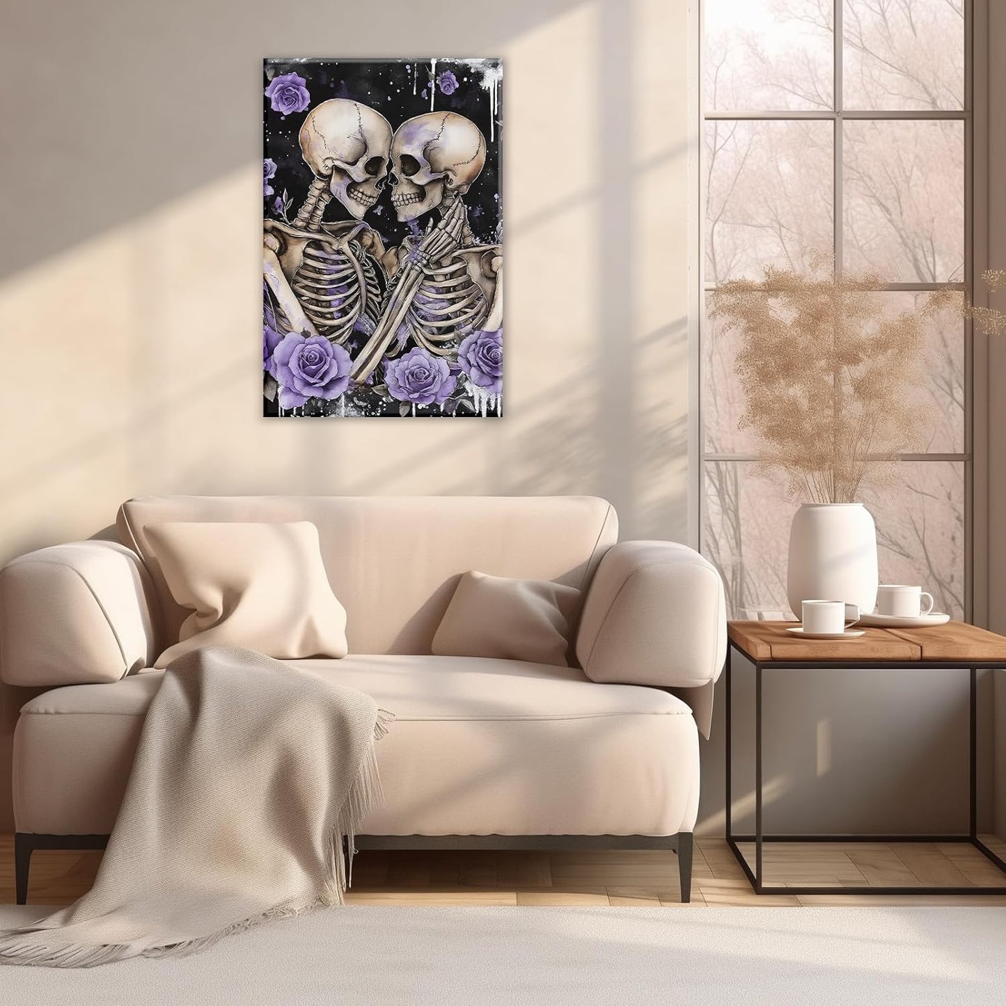 Skull Canvas Wall Art Couple Skeleton Holding Each Other Picture Art Poster Abstract Lover Painting Modern Artwork Horrible Halloween Decor(Artwork-2,20"x30")
