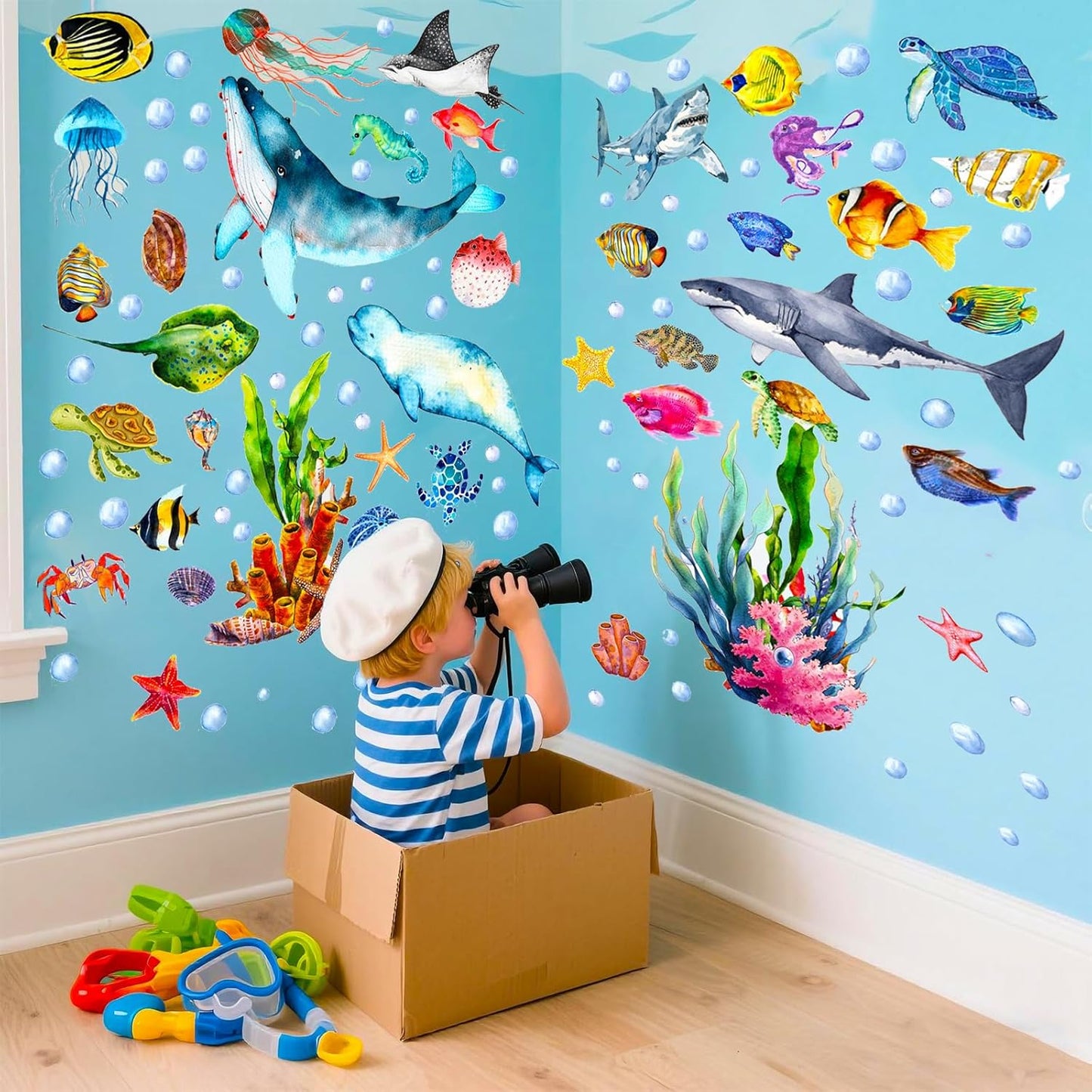 Glow in The Dark Ocean Wall Decals, 4 Sheets Underwater Sea Animal Stickers (Dolphin, Turtle, Jellyfish), Self-Adhesive Kids Bedroom Decor for Boys & Girls, Blue Glow Nursery Wall Art (7.8x11.8in)