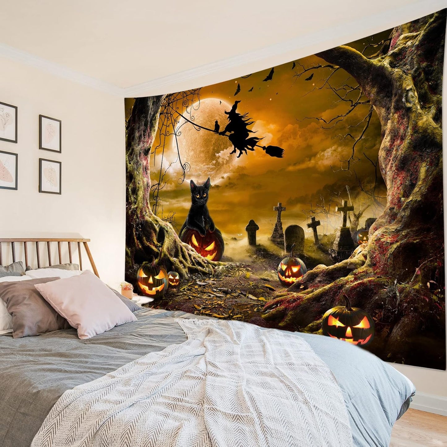 LB Halloween Wall Art: Horror Witch Cat & Dead Tree Pumpkin Lights - Spooky Graveyard & Misty Forest Wall Tapestry for Bedroom & Living Room - 59x51 Inches