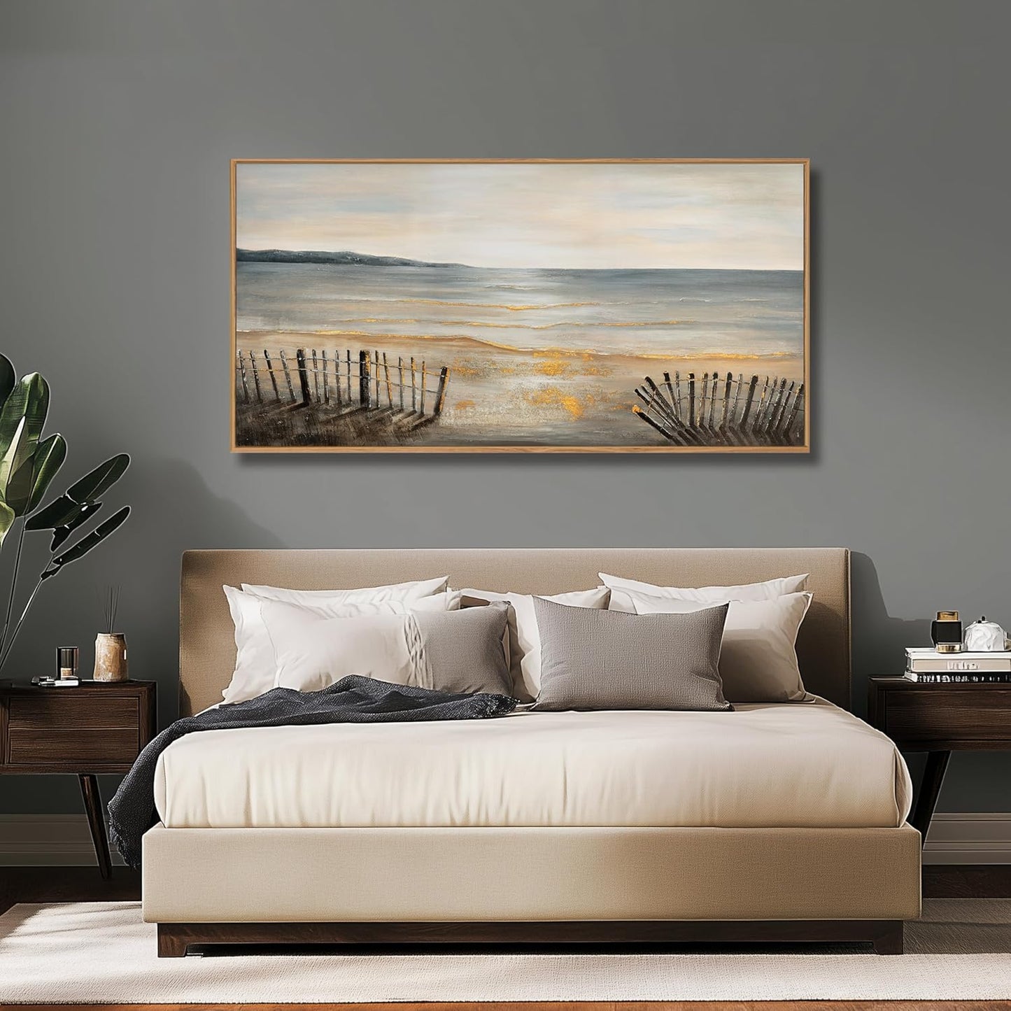 Yuaxker Large Ocean Wall Art Grey and Gold Wall Decor Framed Wall Hanging Wave Aesthetic Artwork for Living Room Bedroom Dining Room Office Home Decor 30x60 Inch
