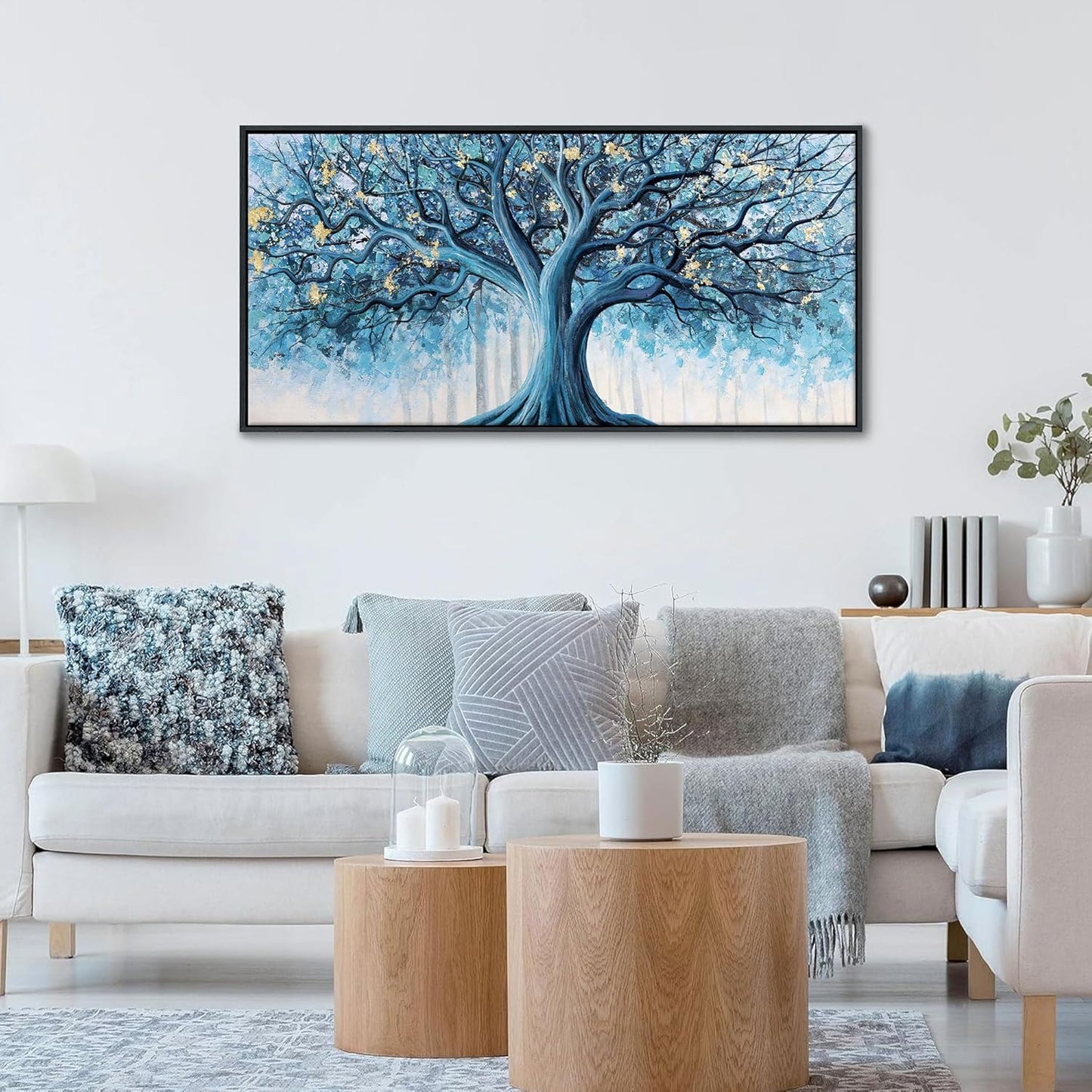 Navy Blue Canvas Wall Art - Blue and Gold Nature Wall Decor, Tree of Life for Bedroom Wall Art, Large Pictures for Living Room, Office, or Bedroom, Framed Landscape Artwork 20×40IN