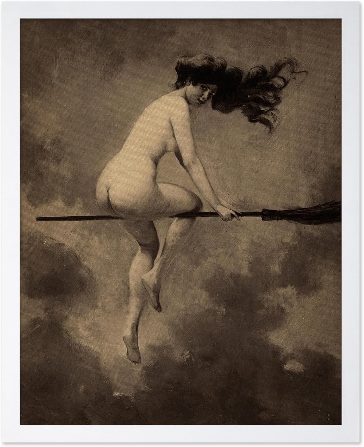 Poster Master Vintage Albert Joseph Penot Poster - Retro Halloween Print - Gift for Artist, Friend - Departure for the Sabbath, Naked Witch on Broom - Wall Decor for Bedroom, 11x14 White Framed
