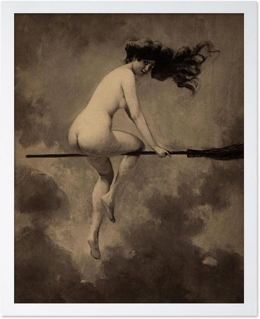 Poster Master Vintage Albert Joseph Penot Poster - Retro Halloween Print - Gift for Artist, Friend - Departure for the Sabbath, Naked Witch on Broom - Wall Decor for Bedroom, 11x14 White Framed