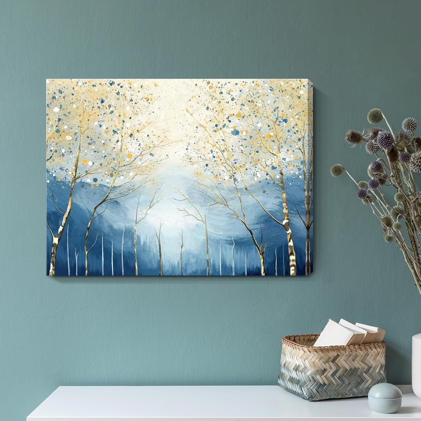 amatop Abstract Tree of Life Wall Art– Modern Blue Yellow Picture Forest Birch Mountain Canvas Print Minimalist Landscape Small Nature Artwork for Bathroom Bedroom Office Decor,16x12 Inch