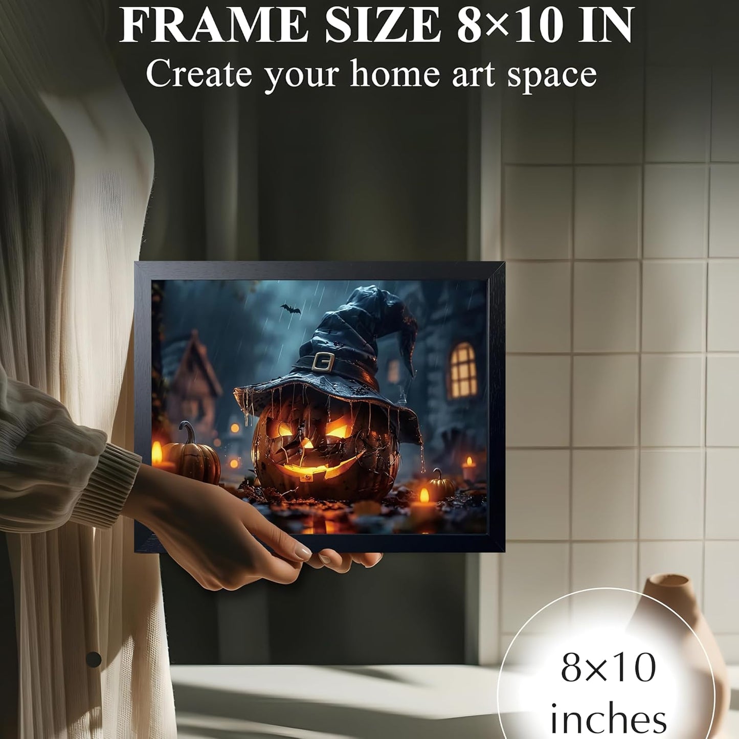 Wood Framed Dark Halloween Pumpkin Wall Art, Gothic Witch Hat Jack-o'-Lantern Canvas Print, Dark Academia Spooky Haunted House Poster Wall Art for Living Room Bedroom Room Aesthetics 8x10 inch