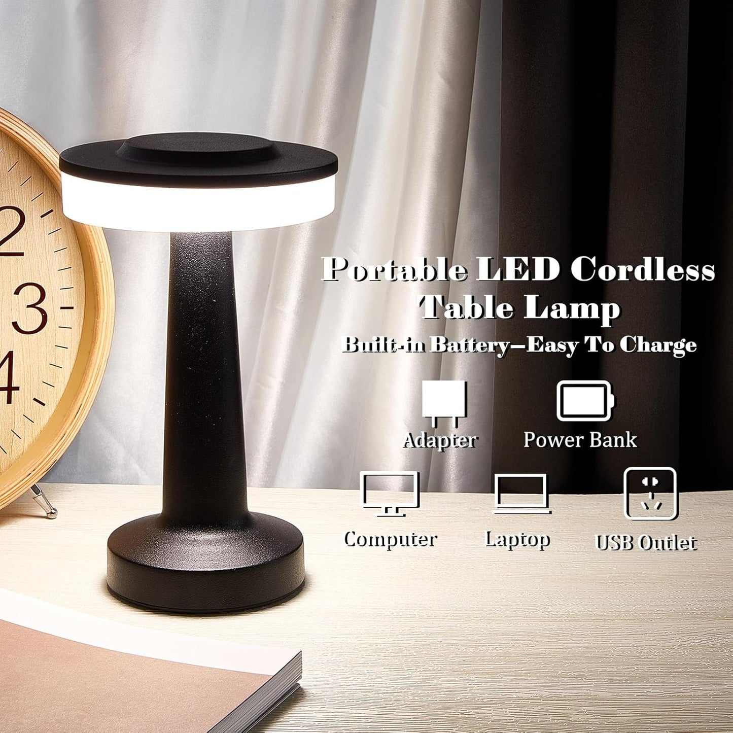 VIHOSE Set of 8 LED Portable Cordless Table Lamp with Touch Sensor 3 Color Stepless Dimming Rechargeable Battery up to 15 Hours Cordless Table Light Wireless Lamp for Nursery(Black)