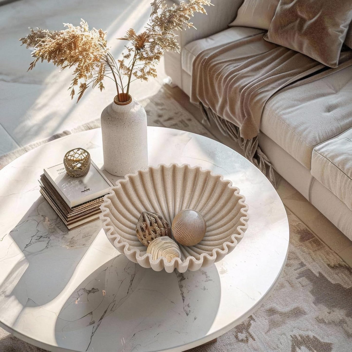 Large Decorative Bowl, Modern Handicraft Bowls for Home Decor, Decorative Fruit Bowl for Kitchen Counter, Ruffle Decor, Stylish Key Bowl for Entry Table, Artificial Stone Beige