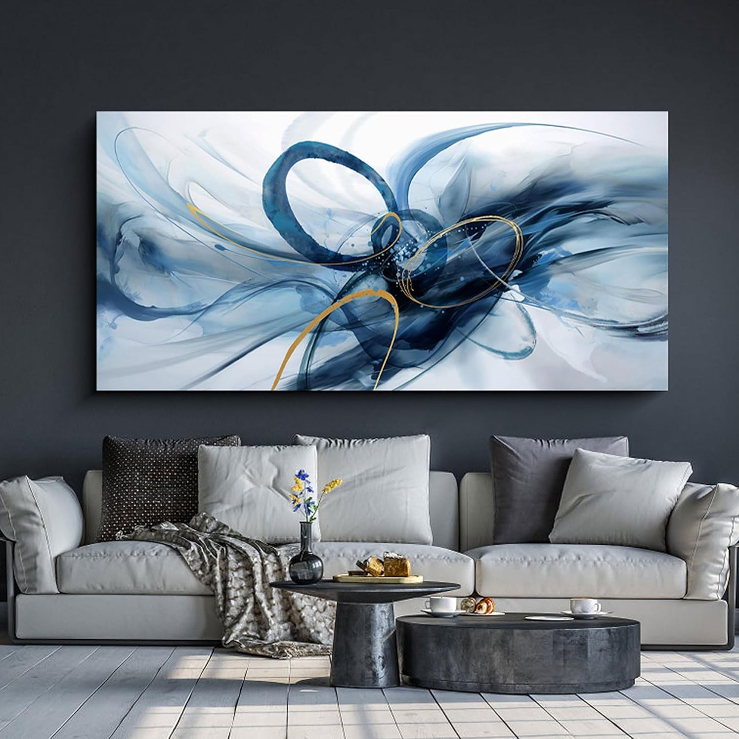 XLSJERST Extra Large Canvas Wall Art - Modern Abstract Abstract Wall Art for Living Room Wall Decor Blue and White Picture Artwork for Living Room Office Bedroom Home Decoration