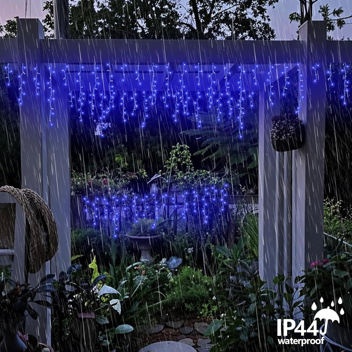 QITONG Blue Icicle Lights for Outside, 33ft 400 LED Icicle Light Plug in with 8 Modes, 160 Drops Clear Wire Connectable Christmas Lights Indoor Plug in
